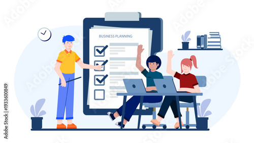 A team lead pointing at a large checklist board titled Business Planning during a group meeting