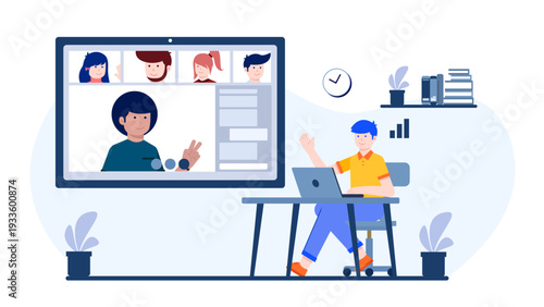 A professional working from home participating in a video conference with multiple colleagues on screen