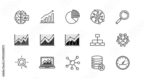Predictive analytics icon set collection in flat style. Icon pack contains forecast, model, algorithm, trends, data, insights, pattern, analytics, future