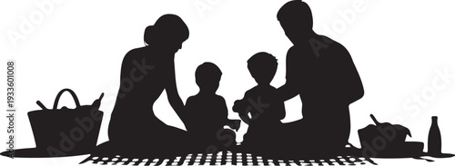 Black silhouette family picnic white background