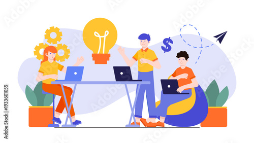 Creative entrepreneurs brainstorming new ideas with lightbulb symbol and financial growth icons