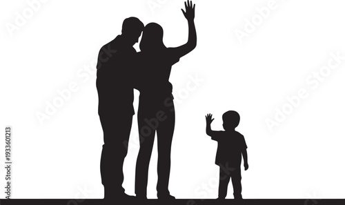 Black silhouette of a family of three waving white background