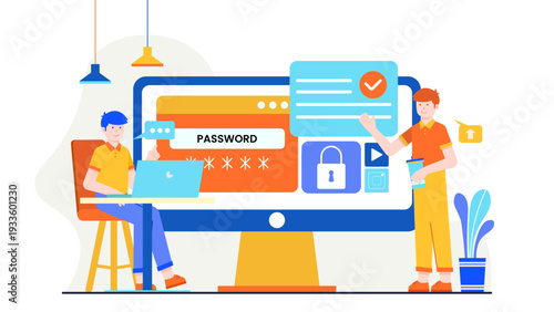 A technical team monitoring a large security dashboard with password protection and lock icons to ensure system integrity and updates