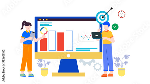 Marketing experts analyzing digital performance data and target metrics on a large computer monitor for an online strategy