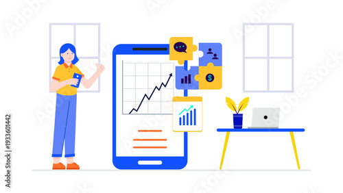 A female business professional standing next to a giant smartphone interface managing stock and financial data through a mobile application