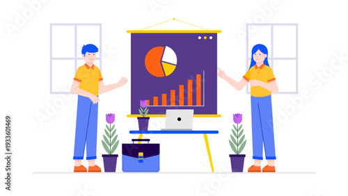 A business team presents rising bar charts and pie graphs on a large board to showcase company growth