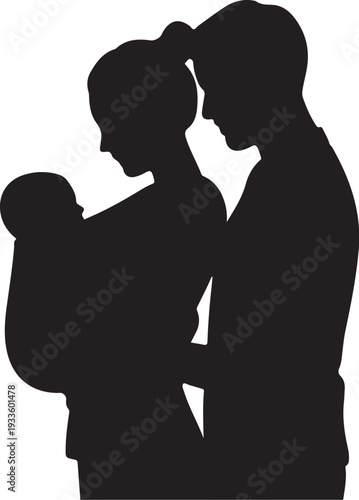 Black silhouette of a man and woman holding a baby
