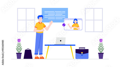 A freelancer presents project progress and documentation through a virtual video call with a client