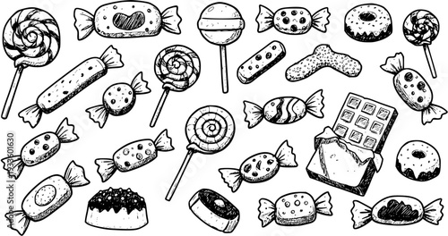 Hand-drawn black and white doodle collection of various sweets, candies, lollipops, donuts, chocolate, and desserts.