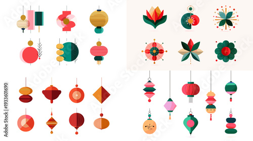 Hanging Chinese New Year ornament set with lanterns, tassels and paper decorations in red and gold, colorful festive icons isolated on white background for holiday design