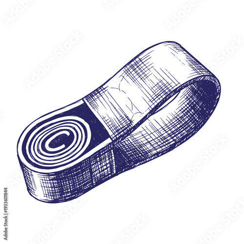 rolled up blue and white yoga strap for stretching and flexibility isolated on white background