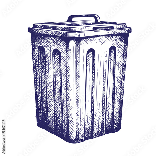 Sketch of a blue trash can with lid and handle on white background  waste management bin