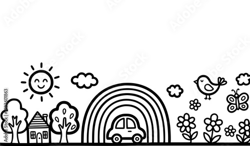 Funny Kids Doodle Landscape Vector with Sun House Tree Rainbow Car and Cute Nature Sketch Elements