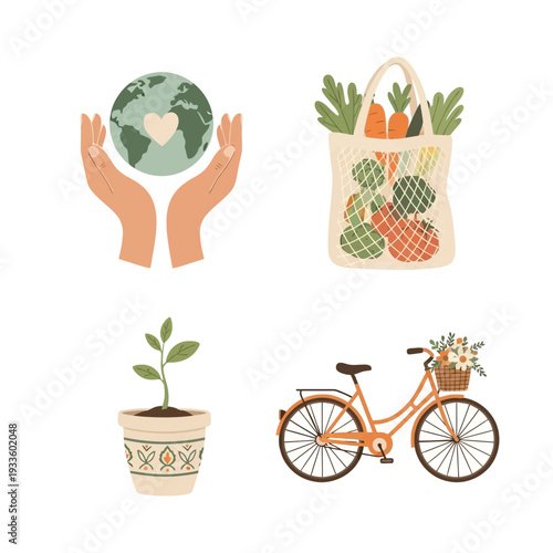 Illustrative set of eco-friendly and sustainable living concepts global environmental care, healthy organic food, nurturing nature with a plant, and green transportation