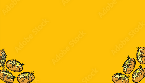 ​Baked potato background pattern. Roasted vegetable vector illustration. Hand drawn food background. Minimalist sketch line art. Flat colorful culinary design. Repeating potato textile wallpaper.