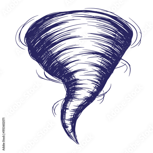 Sketch of a swirling stormy tornado with blue lines on white background