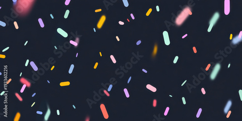 Dark neon confetti festive background summer party dark mode soft glow colorful sprinkles