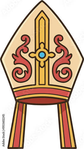 Bishop Mitre Hat with Gold Cross and Red Ornament - Flat Vector Illustration of Catholic Pope Bishop Ceremonial Crown Headwear with Decorative Floral Scroll for Religious and Church Design