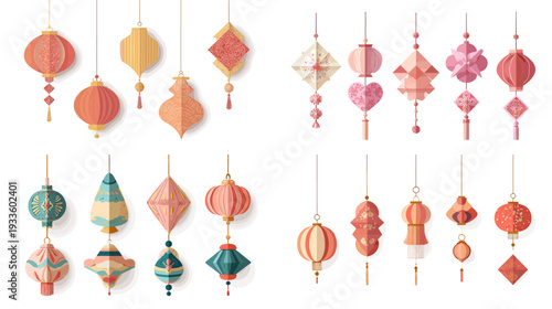 Watercolor Chinese New Year lantern set with hanging paper ornaments and tassels, red and gold festive decorations arranged in rows, isolated on white background
