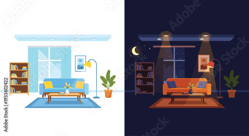 A split-scene illustration displays a living room transitioning from day to night, featuring a blue sofa, orange sofa, bookshelves, and plants.