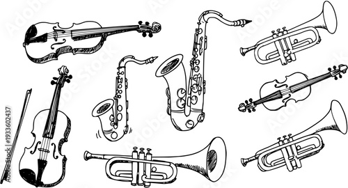 Hand-Drawn Musical Instruments Sketch Set: Violins, Saxophones, Trumpets. Artistic Black and White Doodles for Music and Art Designs.