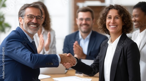 Professional Business Handshake at Team Meeting in Modern Office