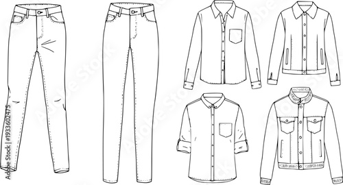 Fashion Sketch: Denim Jeans, Button-Up Shirts and Jackets Outline - Clothing Design Vector