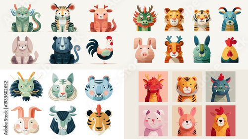 Cute cartoon animal character set with chibi mascots in colorful costume style, arranged in a grid and isolated on white background for kids stickers and branding