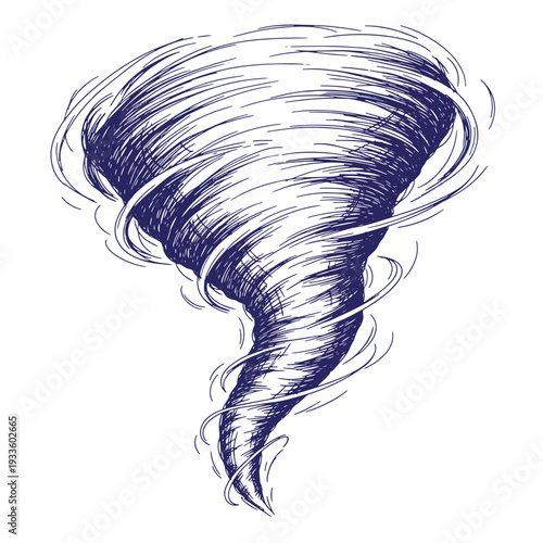 tornado illustration in blue lines on white background showing swirling stormy weather conditions