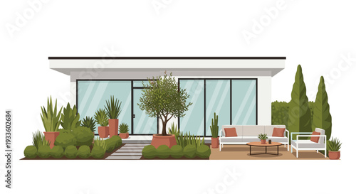 A sleek, modern single-story house with expansive glass doors is framed by an impeccably landscaped garden and an inviting outdoor patio.