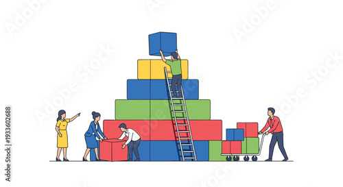 Four diverse individuals collaboratively construct a towering pyramid of vibrant, rectangular blocks on a pristine white background.