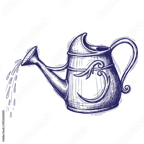 Vintage style illustration of a watering can pouring water  decorative metal kettle with handle and spout