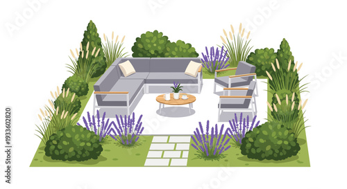 An isometric view showcases a meticulously designed outdoor lounge area with a grey L-shaped sectional sofa and two armchairs amidst lush garden landscaping.