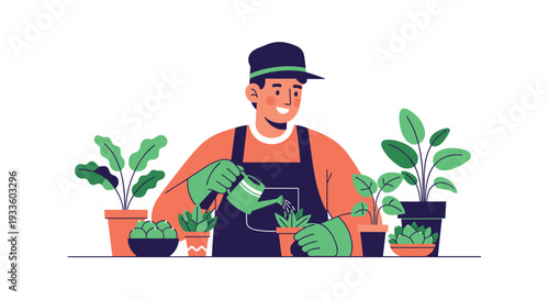 A smiling man, wearing a dark cap, orange shirt, green apron, and matching gloves, diligently waters a small potted plant.