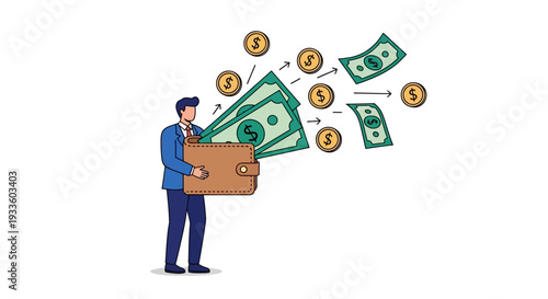 A man in a blue suit holds a brown wallet with money and coins flying out