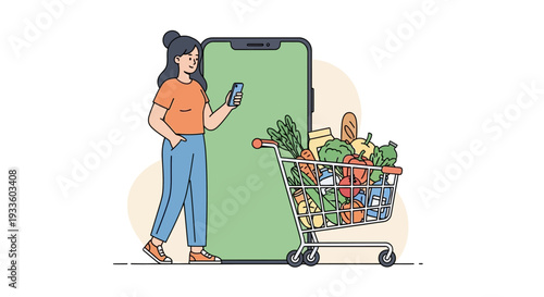 Woman uses phone next to large smartphone with grocery cart full of fresh produce and items