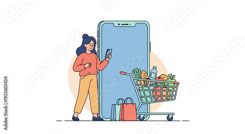 Woman uses smartphone near large phone with shopping cart and bags for online deals