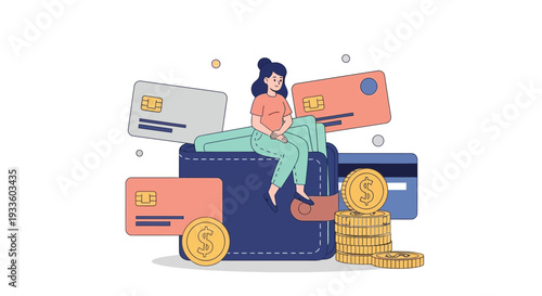 Woman managing finances sitting on giant credit card surrounded by cards and coins with visible brand logos