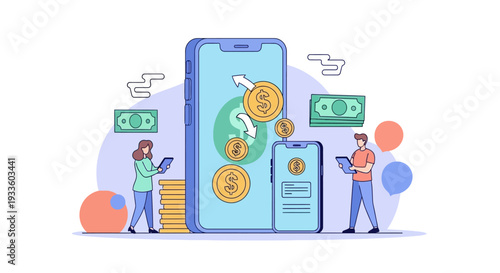 People using smartphones with money and coins floating around them on a finance concept
