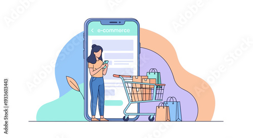 Woman uses smartphone for e-commerce shopping with cart and bags