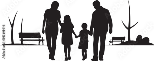 Black silhouette of family walking in park with benches