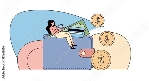 Woman managing finances sitting on oversized wallet surrounded by money and documents