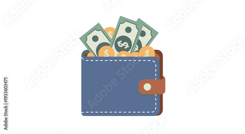 An illustration of a blue leather wallet filled with cash and coins on a white background
