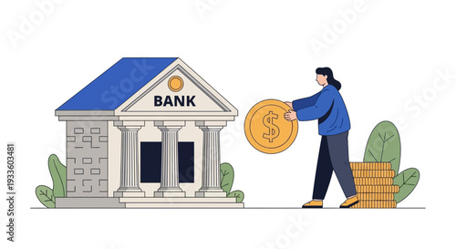 Woman depositing large coin into bank beside stacked currency