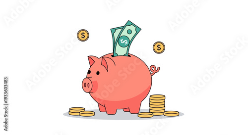A cartoon piggy bank with money and coins on a white background, savings concept