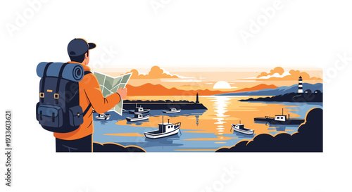 An illustrated male backpacker with a blue backpack stands holding a map, looking at a harbor with fishing boats and a lighthouse at sunset.