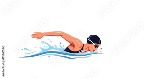 An illustrated female swimmer in a dark blue swimsuit and black cap performs the butterfly stroke, creating significant water splashes against a white background.