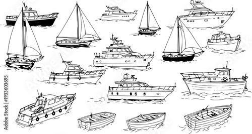 Hand-drawn nautical boats collection: Sailboats, yachts, rowboats. Vector illustration.