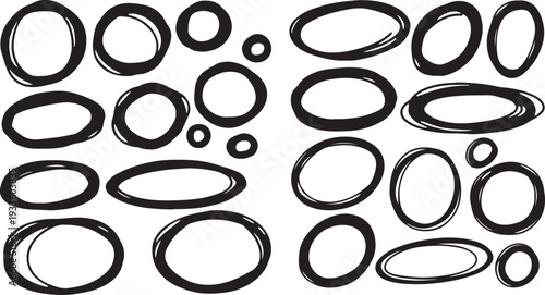 A playful set of black ink hand-drawn circles and ovals in various sizes, featuring a messy, multi-stroke DIY aesthetic for highlights and annotations.