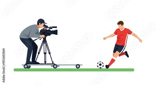 An illustrated cameraman in a grey jacket and cap on a dolly films a soccer player in a red jersey kicking a black and white ball on a green grassy strip.